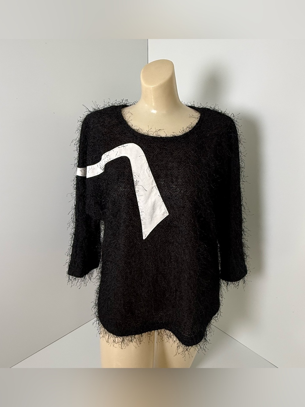 Jamie Sadock Women's Size L Shaggy Black Sweater with White Graphic Accent